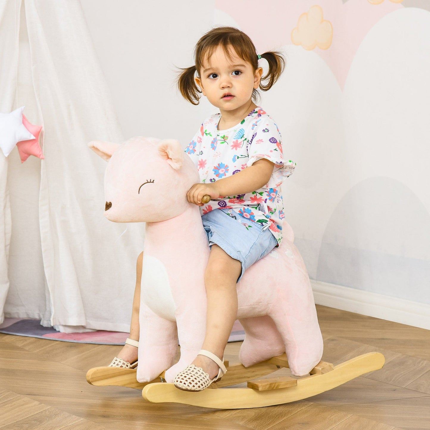 Qaba Kids Plush Ride-On Rocking Horse Deer-shaped Plush Toy Rocker with Realistic Sounds for Child 36-72 Months Pink