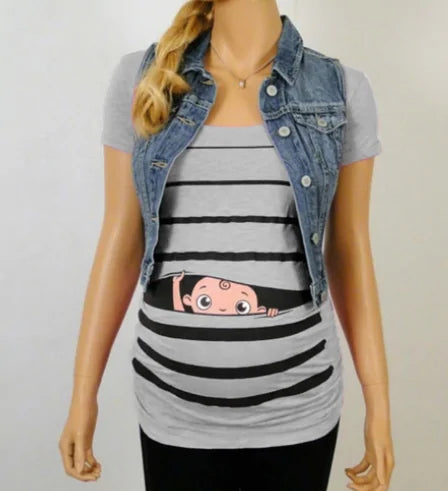 Sweet Cartoon Striped Maternity Summer T-shirt