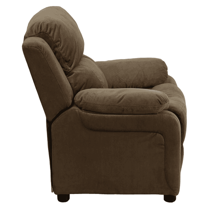 Deluxe Padded Contemporary Brown Microfiber Kids Recliner with Storage Arms