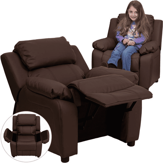 Deluxe Padded Contemporary Brown LeatherSoft Kids Recliner with Storage Arms