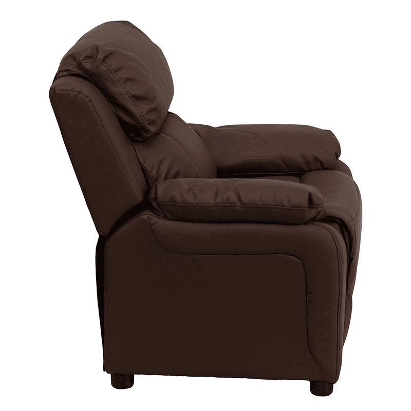 Deluxe Padded Contemporary Brown LeatherSoft Kids Recliner with Storage Arms