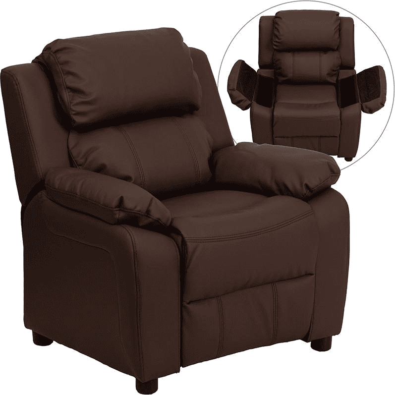 Deluxe Padded Contemporary Brown LeatherSoft Kids Recliner with Storage Arms