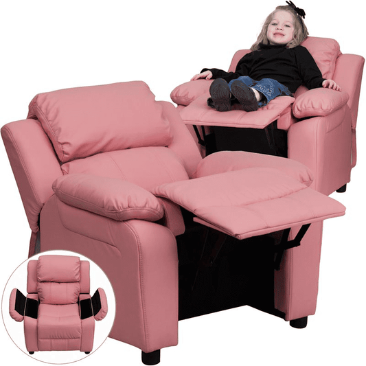 Deluxe Padded Contemporary Pink Vinyl Kids Recliner with Storage Arms