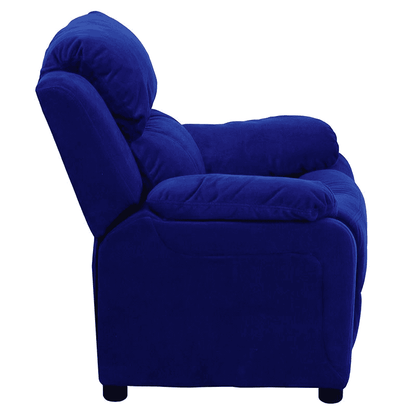 Deluxe Padded Contemporary Blue Microfiber Kids Recliner with Storage Arms