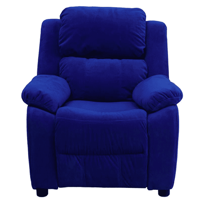 Deluxe Padded Contemporary Blue Microfiber Kids Recliner with Storage Arms