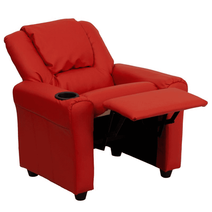 Contemporary Red Vinyl Kids Recliner with Cup Holder and Headrest