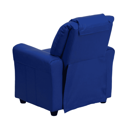 Contemporary Blue Vinyl Kids Recliner with Cup Holder and Headrest