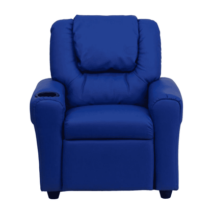 Contemporary Blue Vinyl Kids Recliner with Cup Holder and Headrest