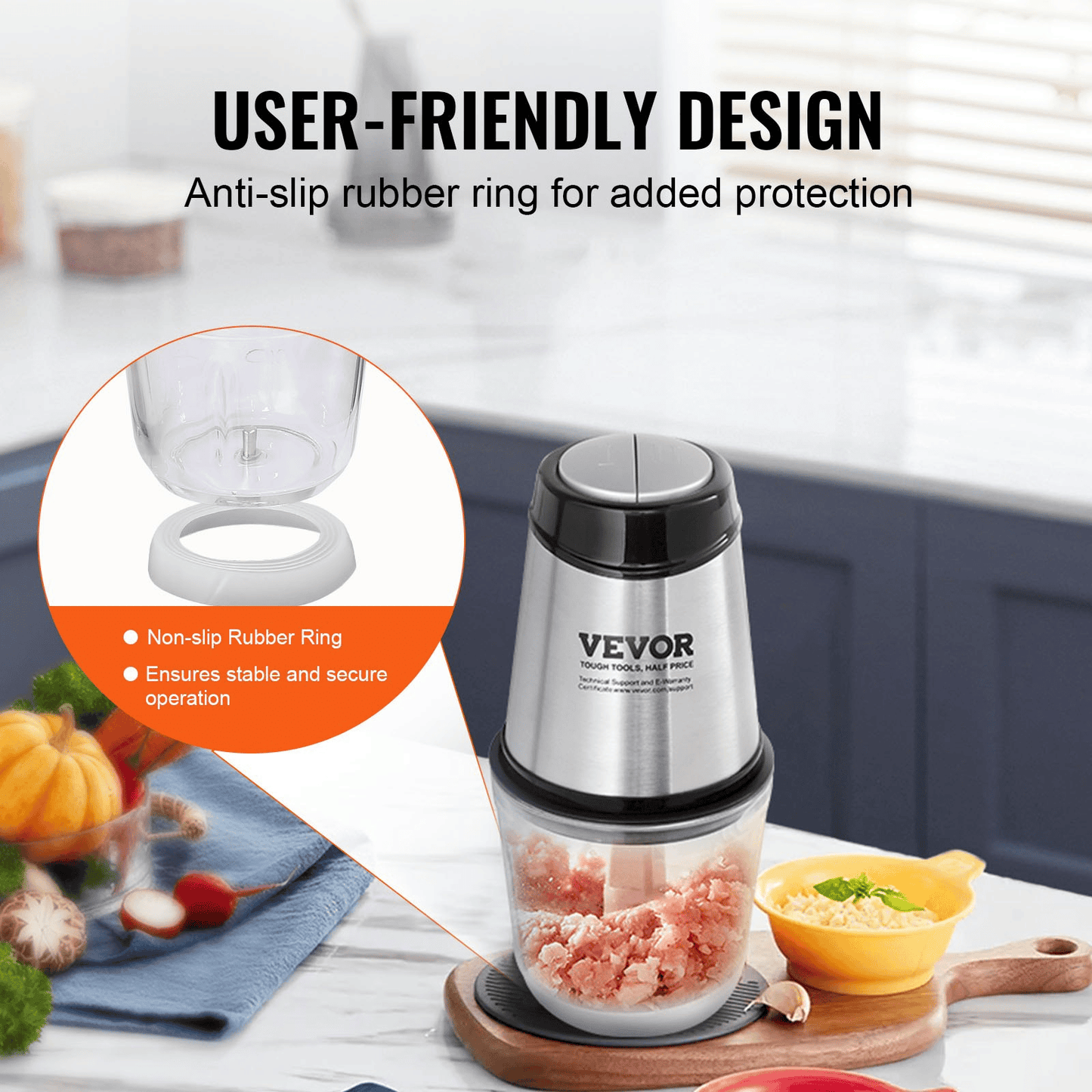 VEVOR Food Processor, Electric Meat Grinder with 4-Wing Stainless Steel Blades, 2.5 Cup Glass Bowl, 400W Electric Food Chopper, 2 Speeds Food Grinder for Baby Food, Meat, Onion, Vegetables