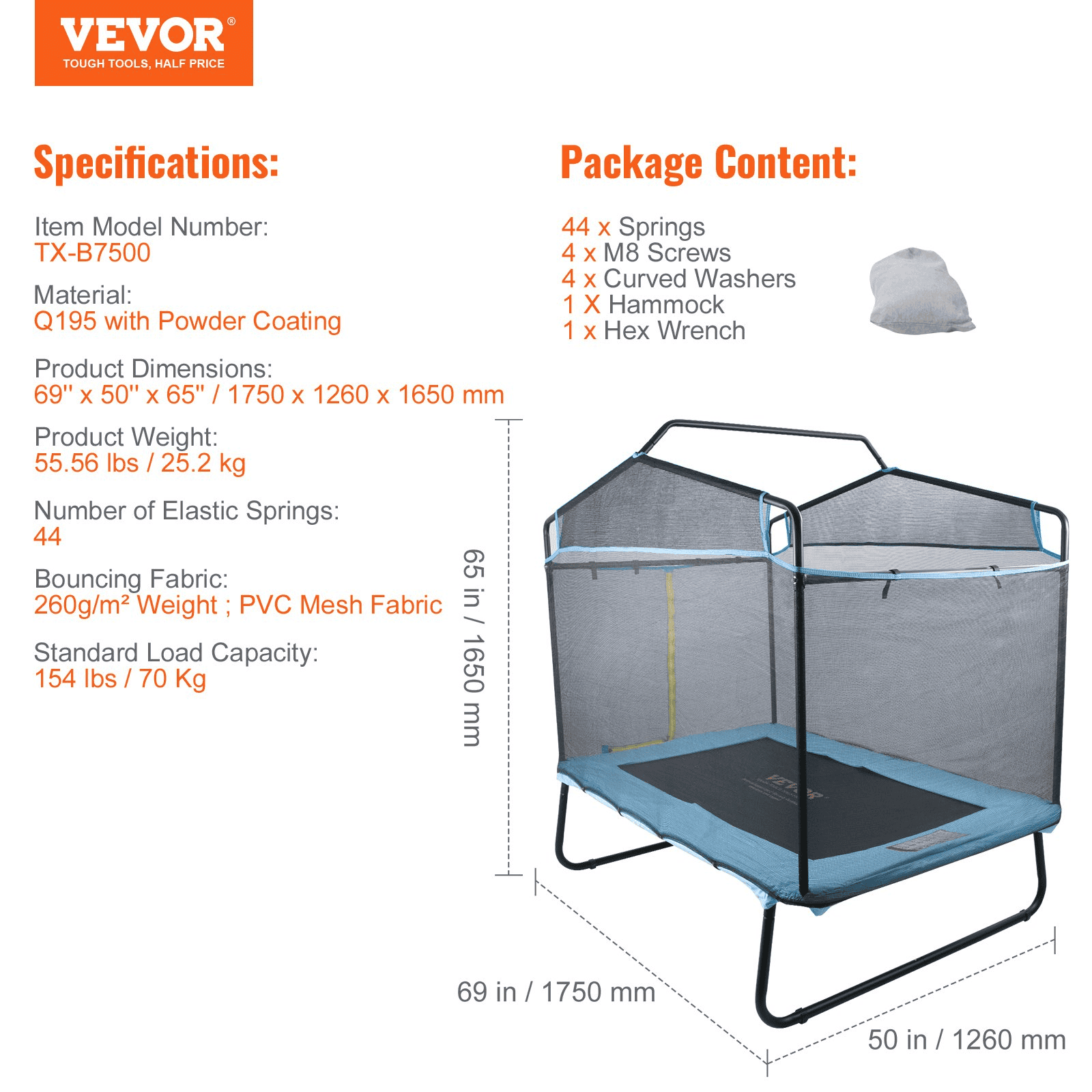 VEVOR 6FT Trampoline for Kids, 72" Indoor/Outdoor Toddlers Trampoline, Mini Baby Trampoline with Safety Enclosure Net, Gymnastics Bar, Hammock, Recreational Trampoline Birthday Gift for 3+ Years Kids