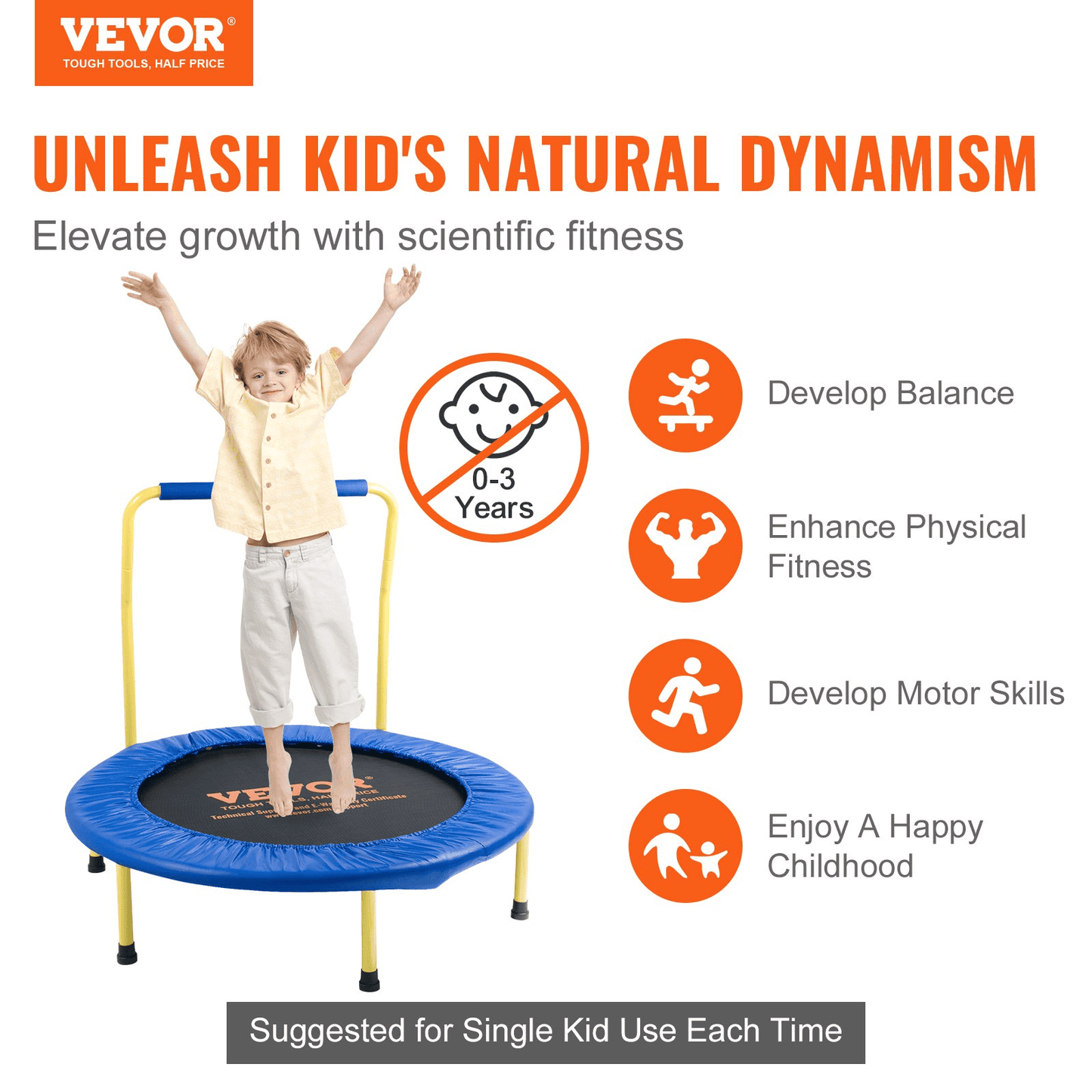 VEVOR 3FT Trampoline for Kids Indoor/Outdoor Foldable Baby Toddlers Trampoline