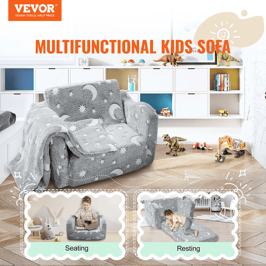 VEVOR Fold-out Kids Sofa, Glow-in-the-Dark Kids Couch Chair, 2-in-1 Children Convertible Sofa to Lounger, Extra Soft Flip-out Toddler Couch for Siting and Sleeping, for Bedroom and Playroom