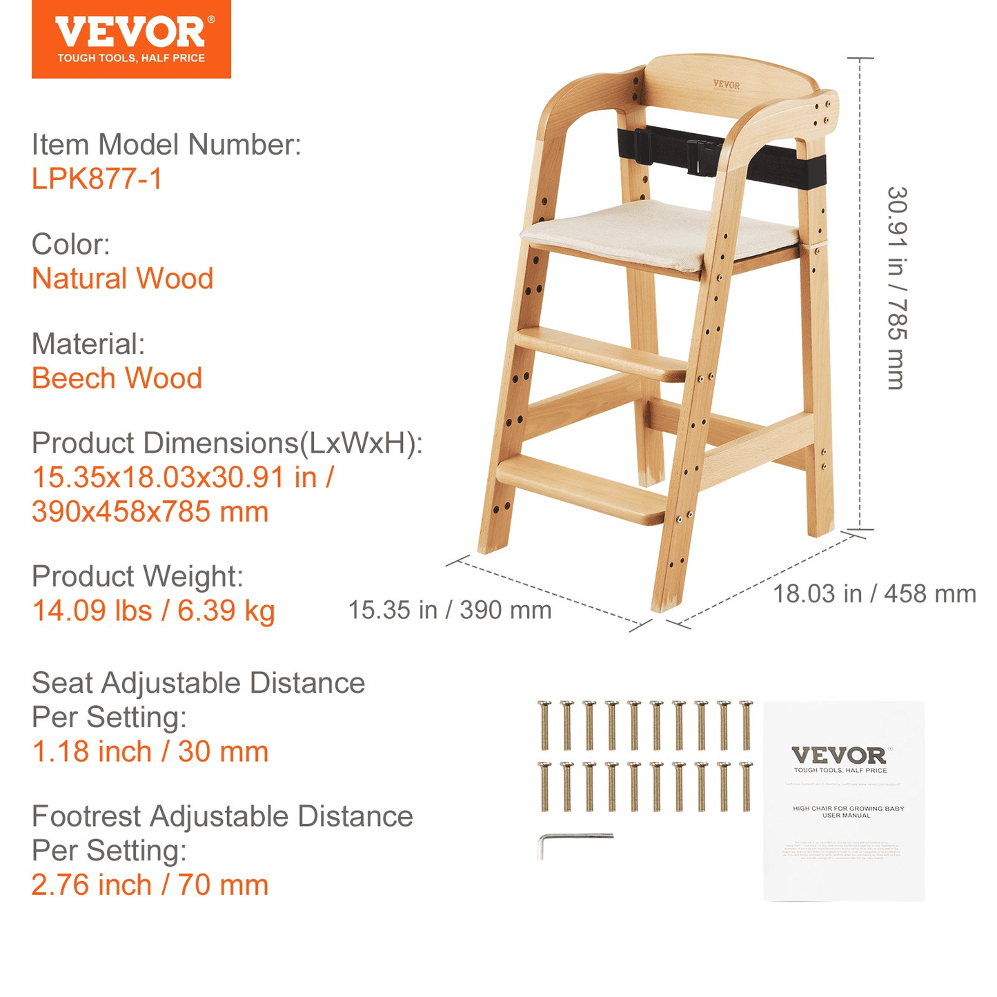 VEVOR Grow-With-Me Wooden High Chair – Adjustable Beechwood Dining Seat for Babies & Toddlers