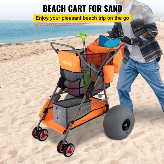 VEVOR Beach Wonder Wheeler, 12" All-Terrain Balloon Wheels, 350 lbs Beach Cart for Sand, Beach Buggy w/ Flip Flop Holder, Storage Bag, 2 Beach Chair Holders, Orange