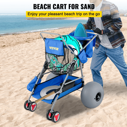 VEVOR Beach Wonder Wheeler, 12" All-Terrain Balloon Wheels, 350 lbs Beach Cart for Sand, Beach Buggy w/ Flip Flop Holder, Storage Bag, 2 Beach Chair Holders, Blue