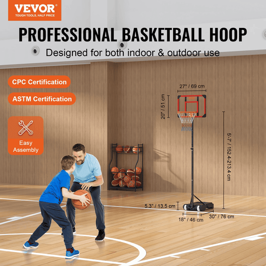 VEVOR Basketball Hoop, 5-7 ft Adjustable Height Portable Backboard System, 28 inch Basketball Hoop & Goal, Kids & Adults Basketball Set with Wheels, Stand, and Fillable Base, for Outdoor/Indoor