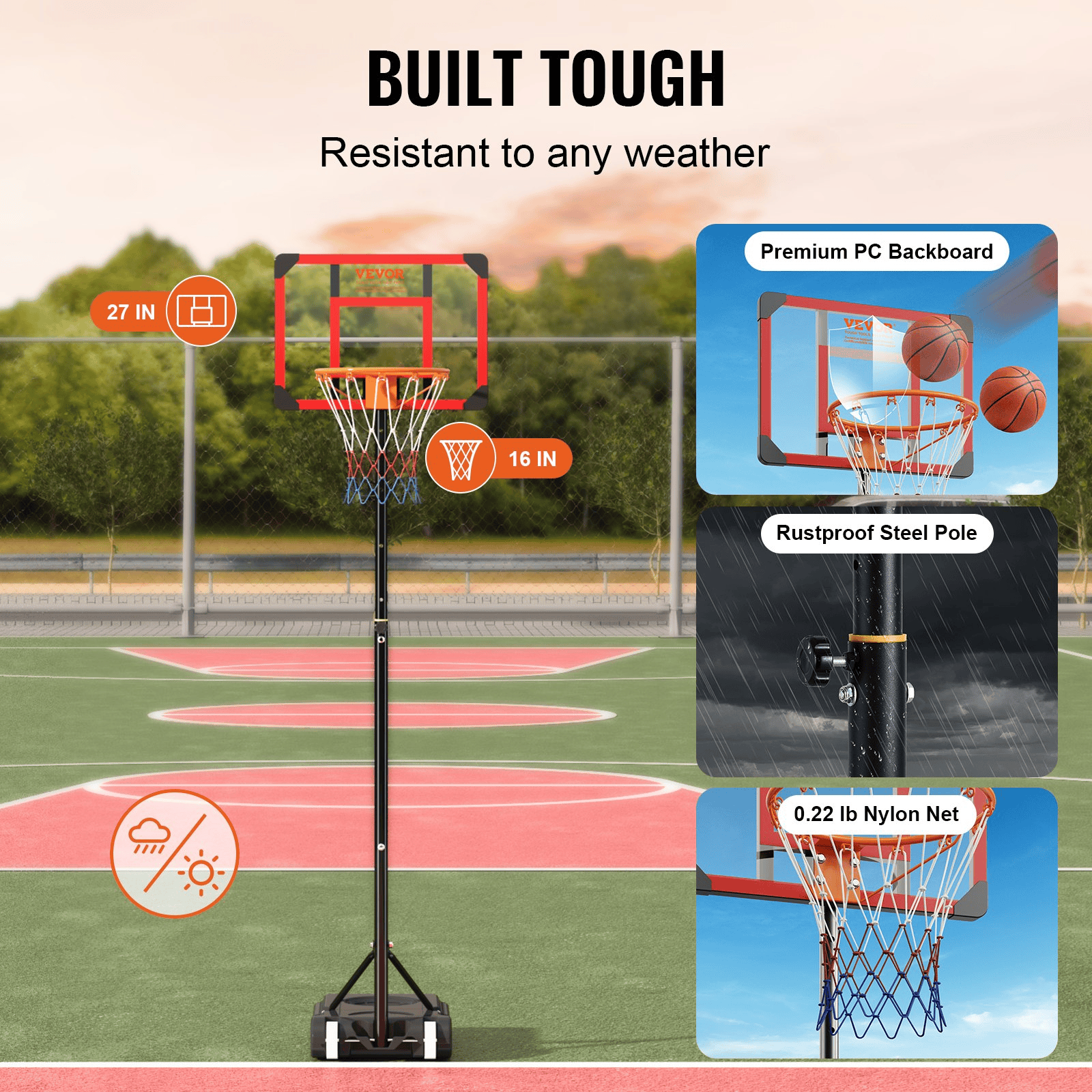 VEVOR Basketball Hoop, 5-7 ft Adjustable Height Portable Backboard System, 28 inch Basketball Hoop & Goal, Kids & Adults Basketball Set with Wheels, Stand, and Fillable Base, for Outdoor/Indoor