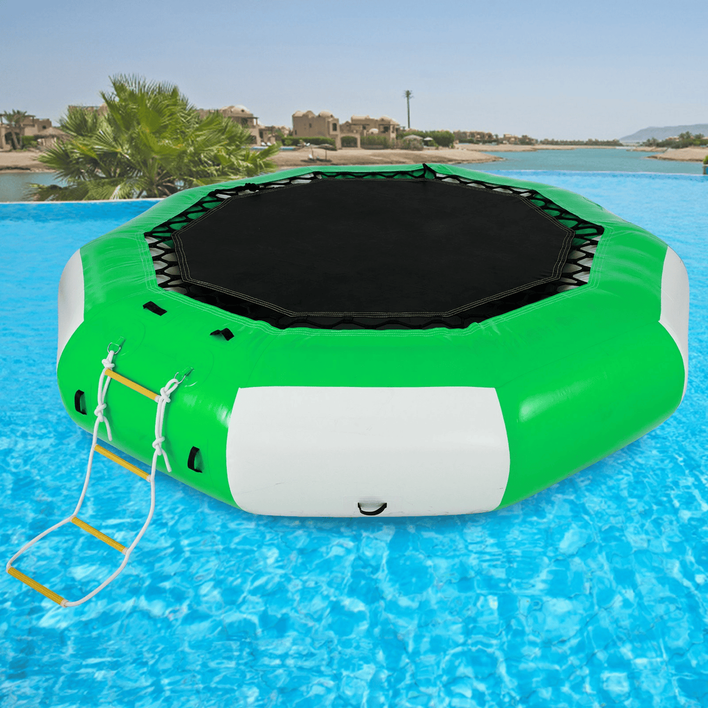 VEVOR Inflatable Water Trampoline 10FT , Round Inflatable Water Bouncer with 4-Step Ladder, Water Trampoline in Green and White for Water Sports.