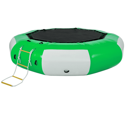 VEVOR Inflatable Water Trampoline 10FT , Round Inflatable Water Bouncer with 4-Step Ladder, Water Trampoline in Green and White for Water Sports.