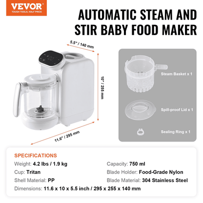 VEVOR Baby Food Maker, 430W Baby Food Processor with 750 ml Tritan Bowl, SUS304 Stainless Steel, 5 in 1 Baby Food Puree Blender Steamer Grinder for Food, Fruit, Vegetable, Meat