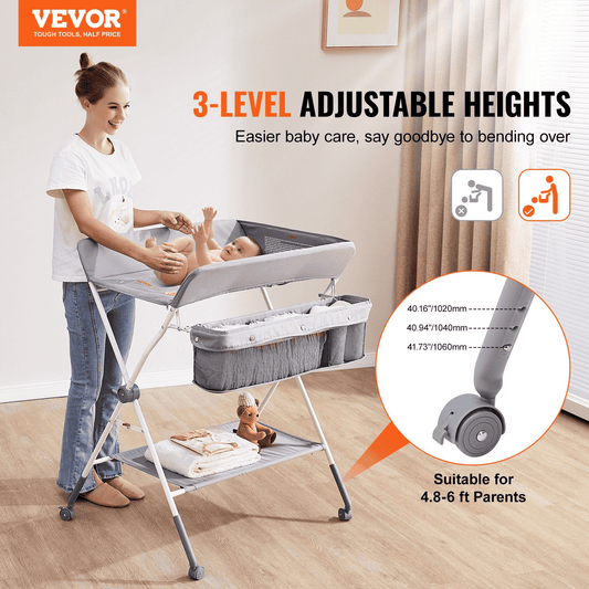 VEVOR Baby Changing Table, Folding Diaper Changing Station with Lockable Wheels, Portable Changing Table 3-level Adjustable Heights, with Storage Basket & Hanging Racks for Newborns & Infant