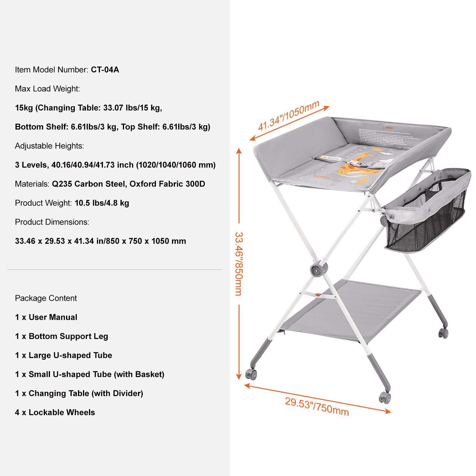 VEVOR Baby Changing Table, Folding Diaper Changing Station with Lockable Wheels, Portable Changing Table 3-level Adjustable Heights, with Storage Basket & Hanging Racks for Newborns & Infant