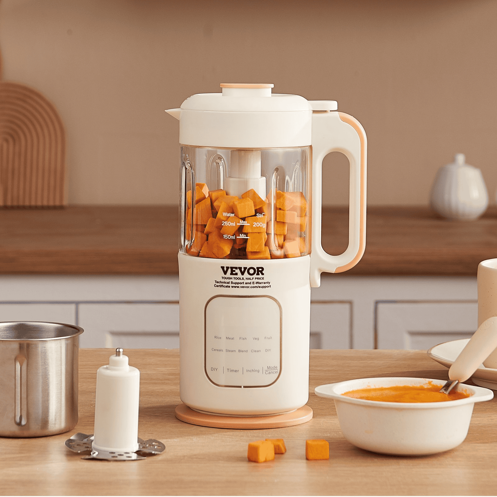 VEVOR Baby Food Maker, 500W Baby Food Processor with 300 ml Glass Bowl, SUS304 Stainless Steel 4-Blade Baby Food Puree Blender Steamer Grinder for Food, Fruit, Vegetable, Meat