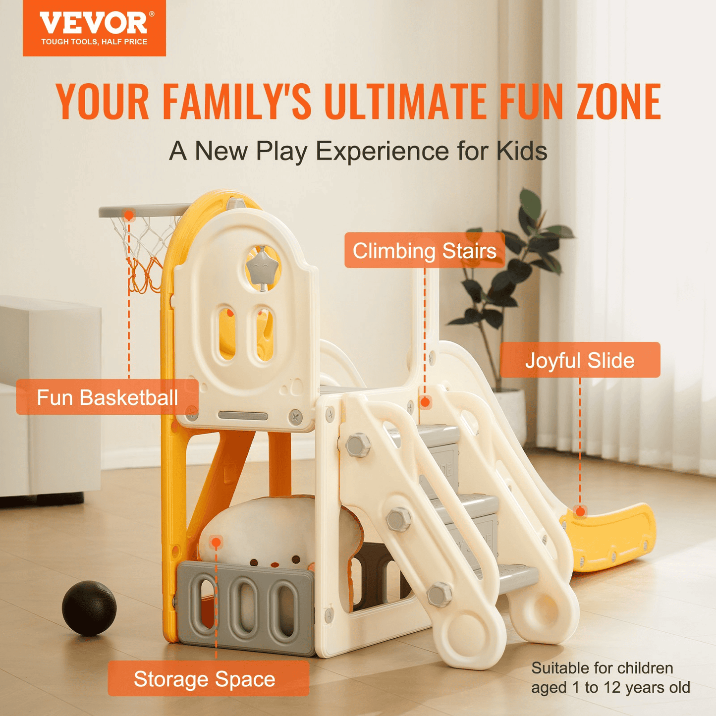 VEVOR 3-in-1 Toddler Slide Playset – Indoor/Outdoor Climbing Slide w/ Basketball Hoop & Storage, Safe Playground for Kids Ages 1-3, 110lbs Capacity