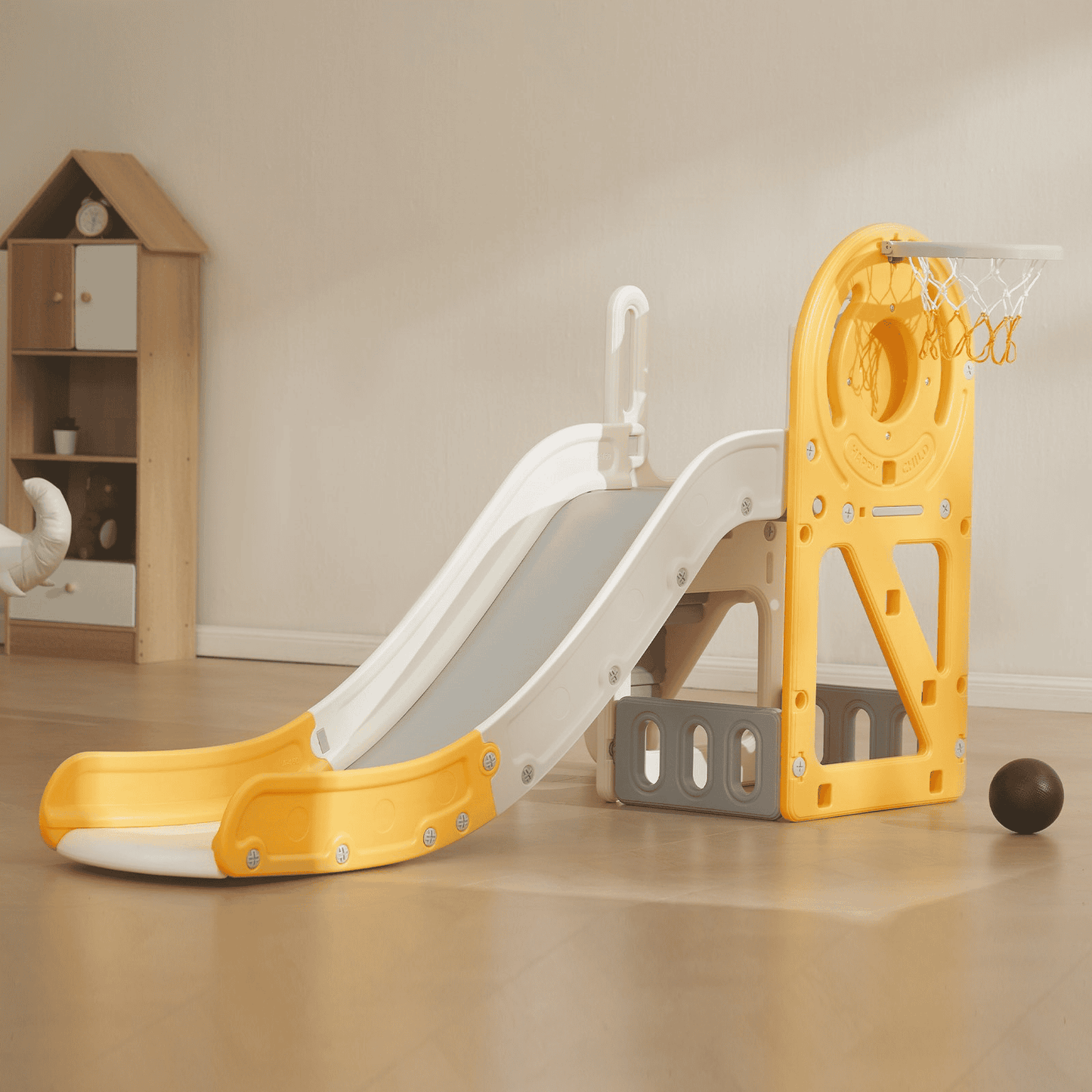 VEVOR 3-in-1 Toddler Slide Playset – Indoor/Outdoor Climbing Slide w/ Basketball Hoop & Storage, Safe Playground for Kids Ages 1-3, 110lbs Capacity