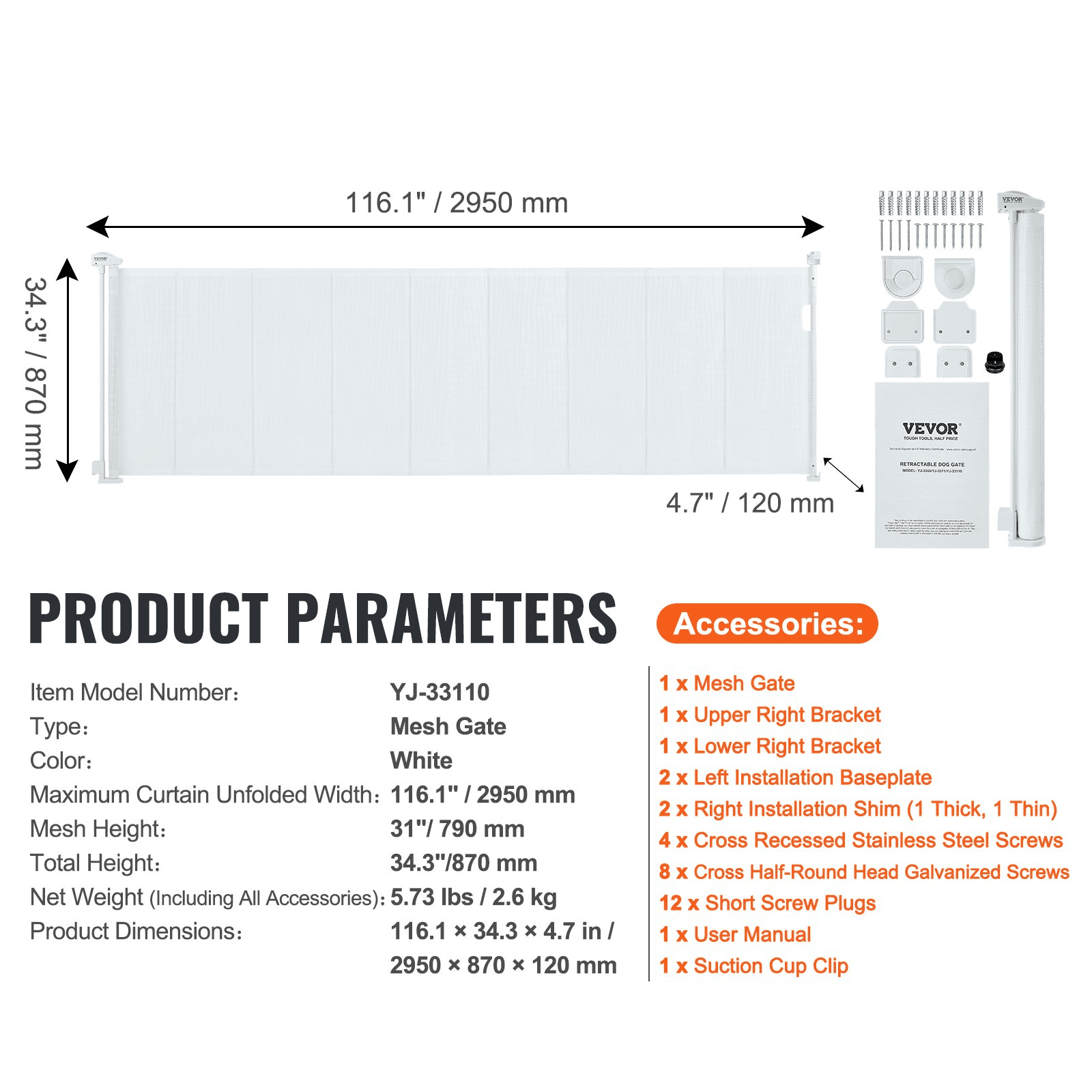 VEVOR Retractable Baby Gate, 34.2" Tall Mesh Baby Gate, Extends up to 116.1" Wide Retractable Gate for Kids or Pets, Retractable Dog Gates for Indoor Stairs, Doorways, Hallways, Playrooms, White