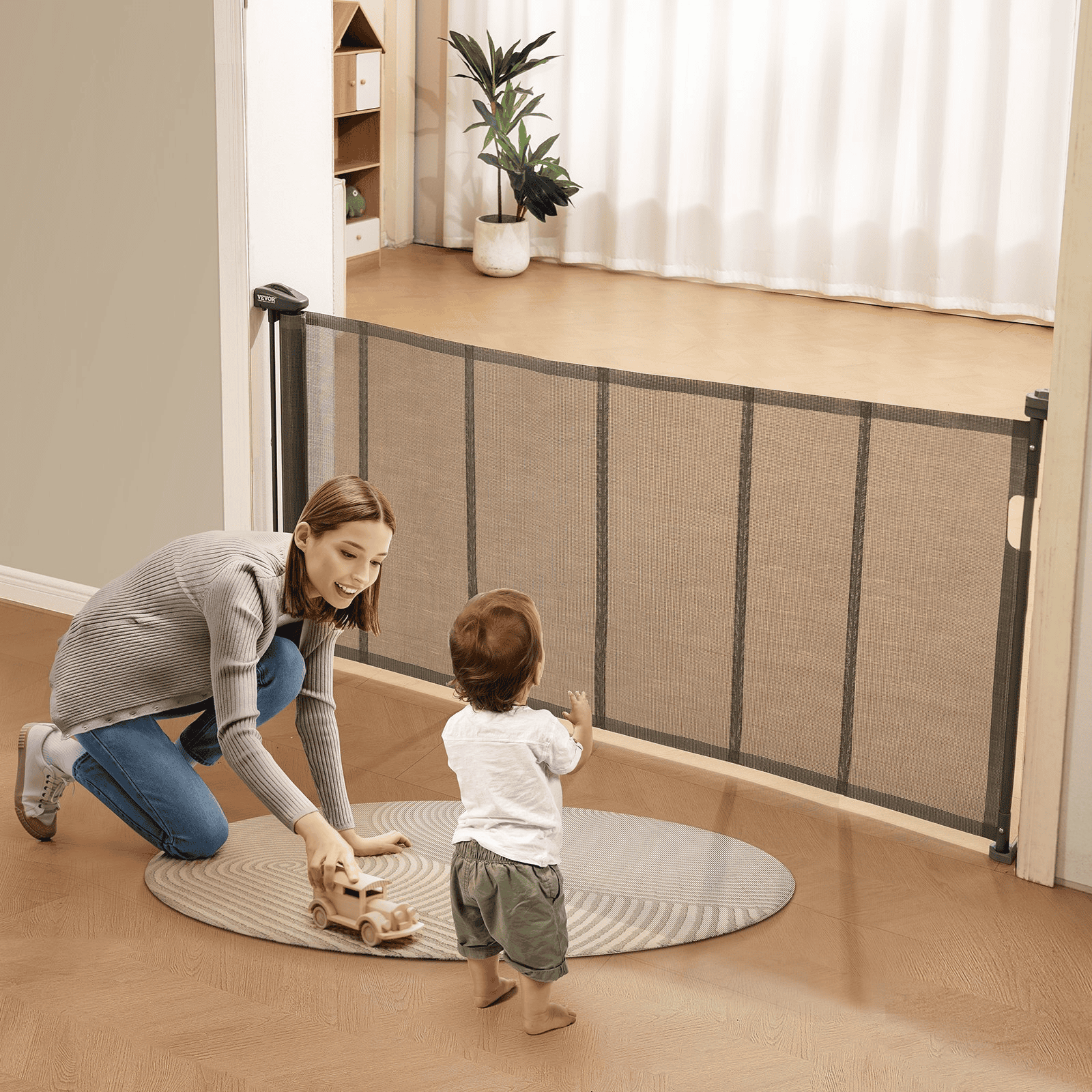 VEVOR Retractable Baby Gate, 34.2" Tall Mesh Baby Gate, Extends up to 76.8" Wide Retractable Gate for Kids or Pets, Retractable Dog Gates for Indoor Stairs, Doorways, Hallways, Playrooms, Gray