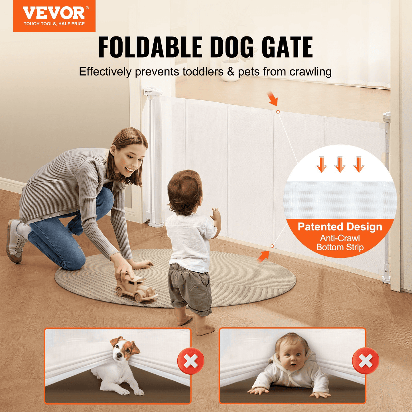 VEVOR Retractable Baby Gate, 34.2" Tall Mesh Baby Gate, Extends up to 60" Wide Retractable Gate for Kids or Pets, Retractable Dog Gates for Indoor Stairs, Doorways, Hallways, Playrooms, White