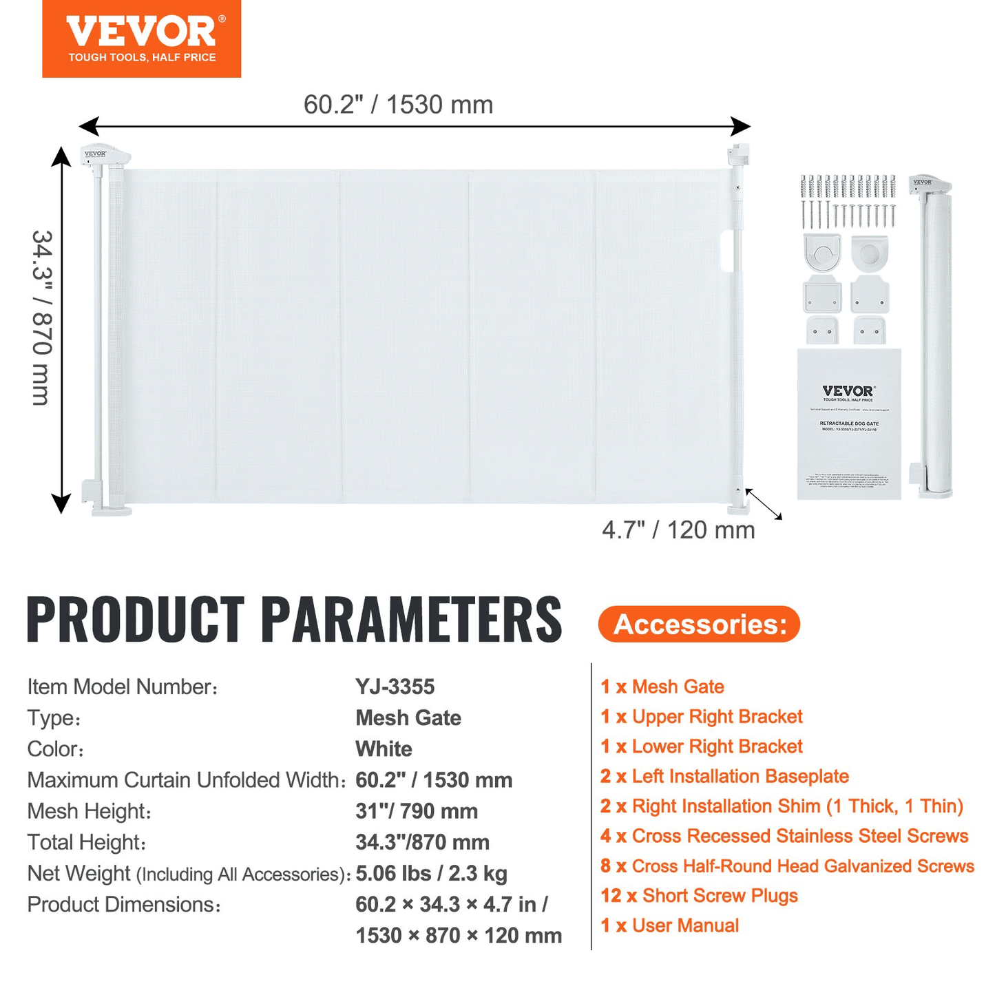 VEVOR Retractable Baby Gate, 34.2" Tall Mesh Baby Gate, Extends up to 60" Wide Retractable Gate for Kids or Pets, Retractable Dog Gates for Indoor Stairs, Doorways, Hallways, Playrooms, White