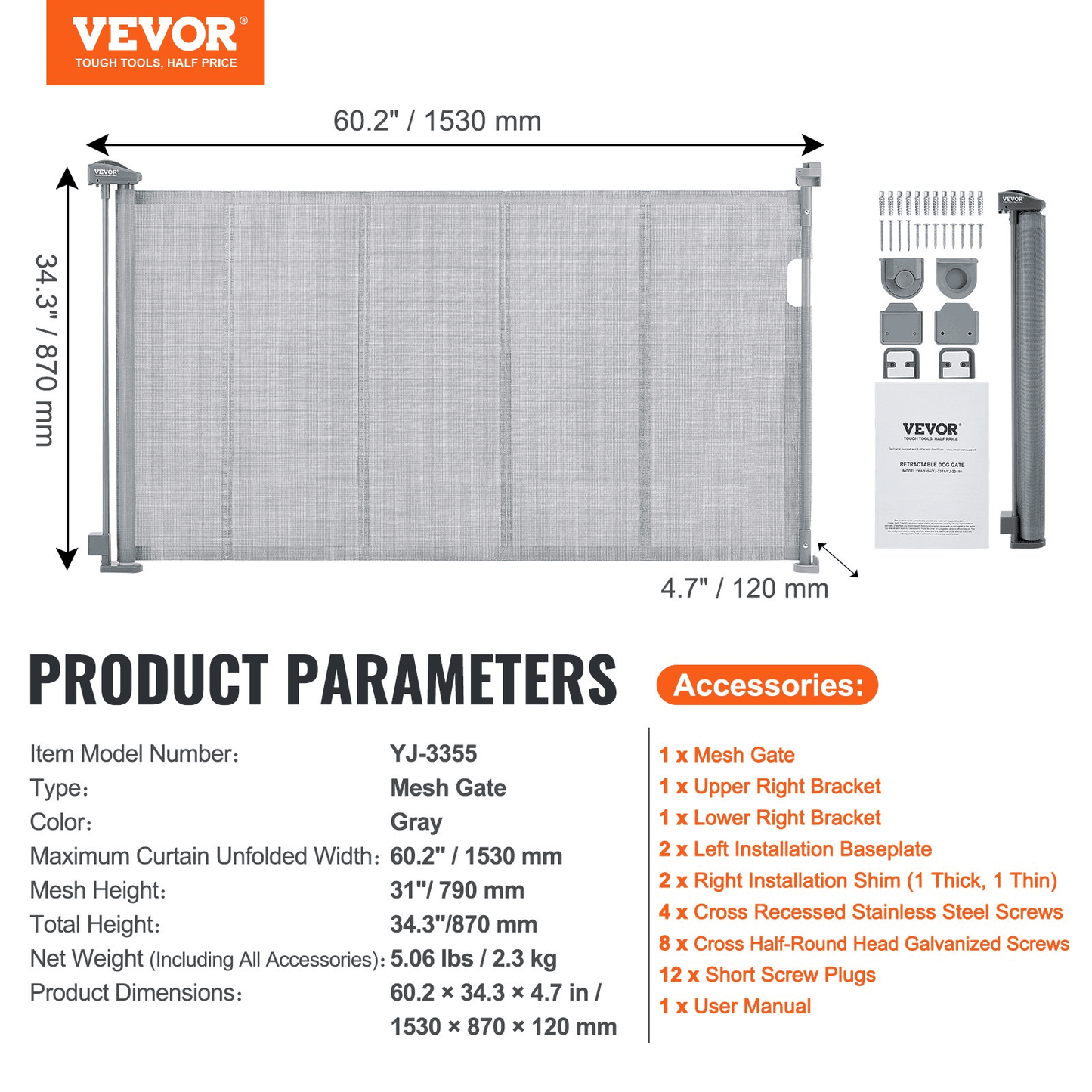 VEVOR Retractable Baby Gate, 34.2" Tall Mesh Baby Gate, Extends up to 60" Wide Retractable Gate for Kids or Pets, Retractable Dog Gates for Indoor Stairs, Doorways, Hallways, Playrooms, Gray