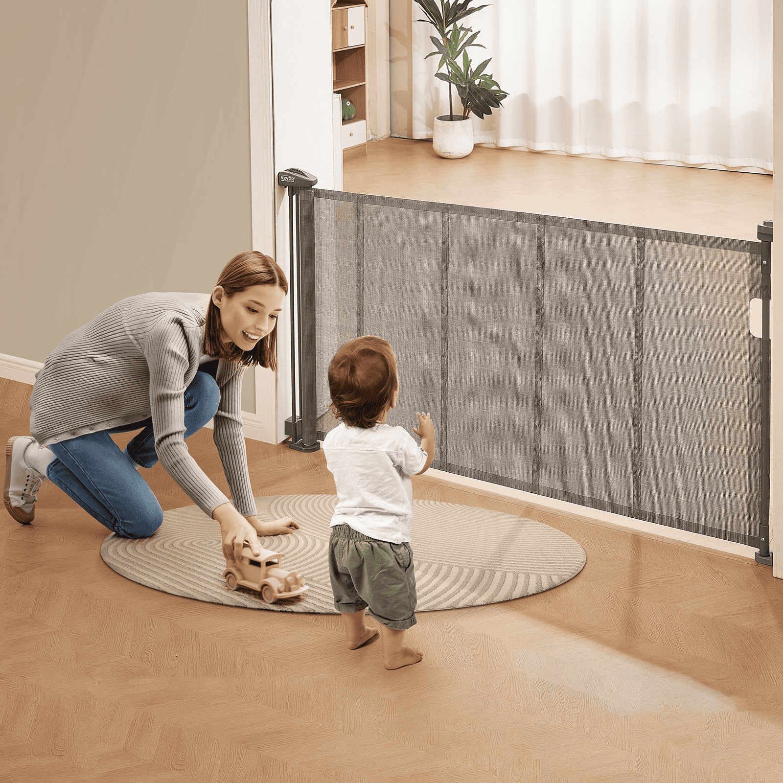 VEVOR Retractable Baby Gate, 34.2" Tall Mesh Baby Gate, Extends up to 60" Wide Retractable Gate for Kids or Pets, Retractable Dog Gates for Indoor Stairs, Doorways, Hallways, Playrooms, Gray