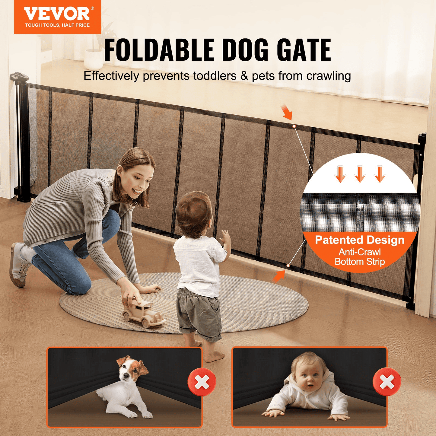 VEVOR Retractable Baby Gate, 34.2" Tall Mesh Baby Gate, Extends up to 116.1" Wide Retractable Gate for Kids or Pets, Retractable Dog Gates for Indoor Stairs, Doorways, Hallways, Playrooms, Black