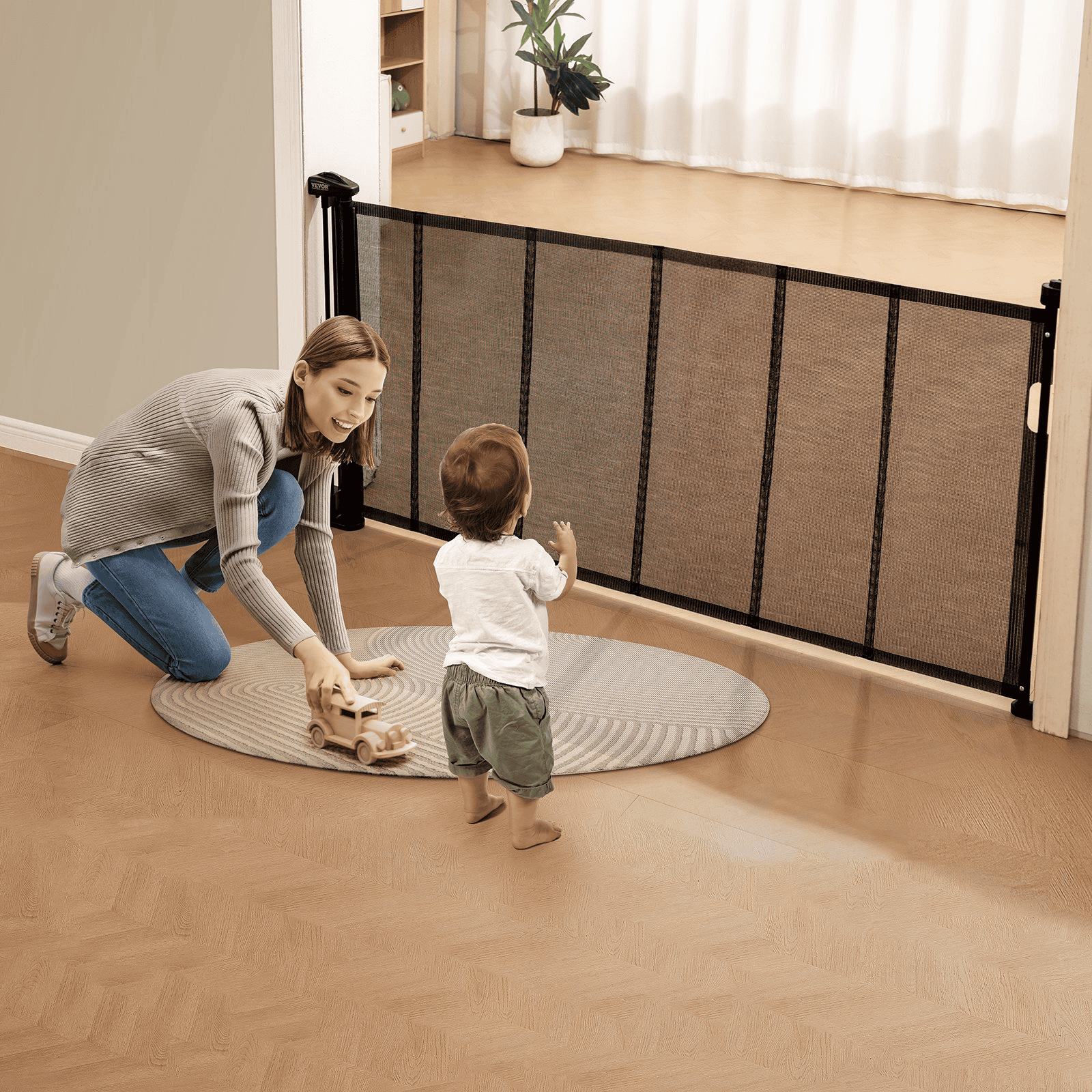 SafeGuard Retractable Baby Gate - 34.2" Tall Mesh Gate, Extends up to 76.8" - Secure for Kids & Pets, Ideal for Stairs, Doorways, Playrooms - Black