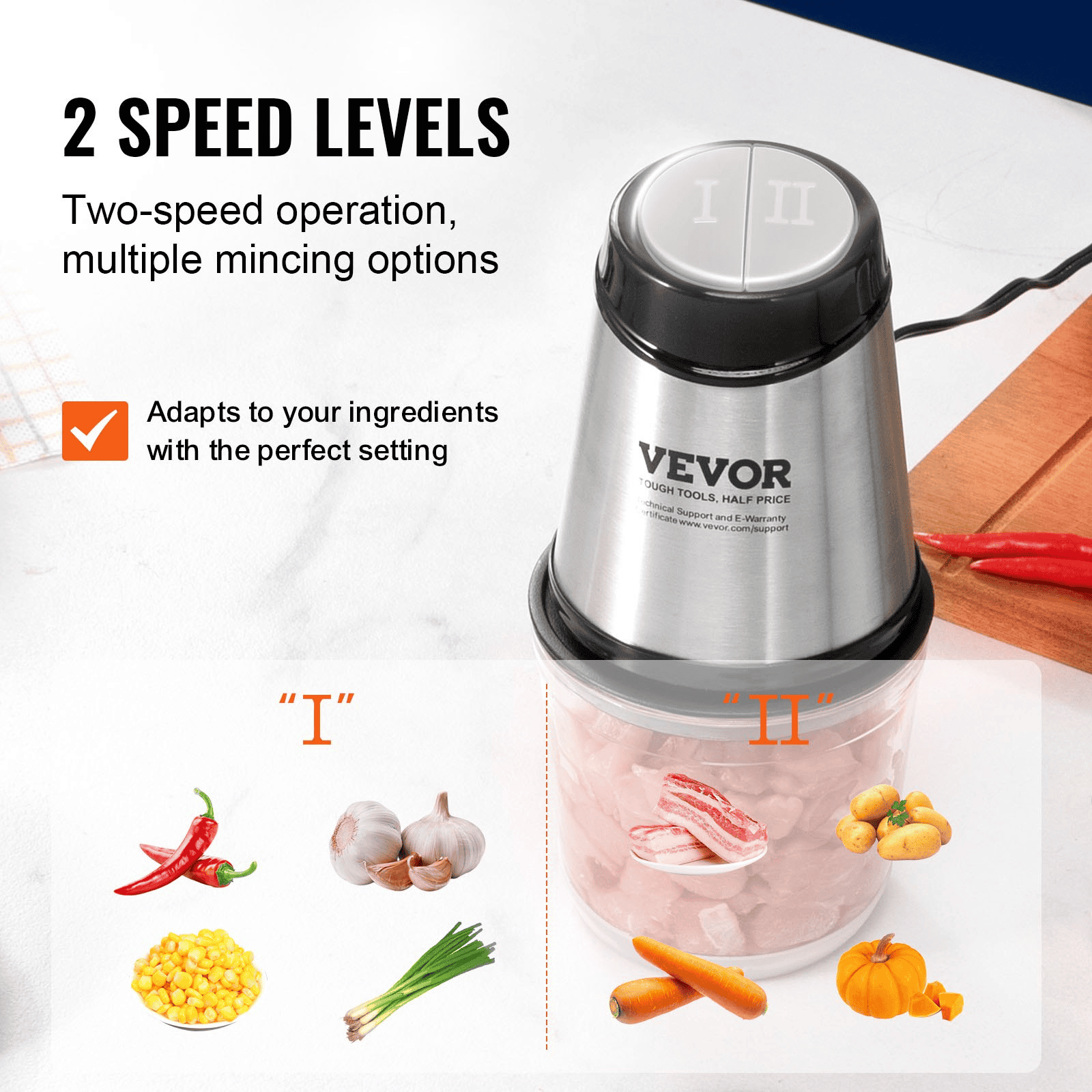 VEVOR Food Processor, Electric Meat Grinder with 4-Wing Stainless Steel Blades, 2.5 Cup Glass Bowl, 400W Electric Food Chopper, 2 Speeds Food Grinder for Baby Food, Meat, Onion, Vegetables