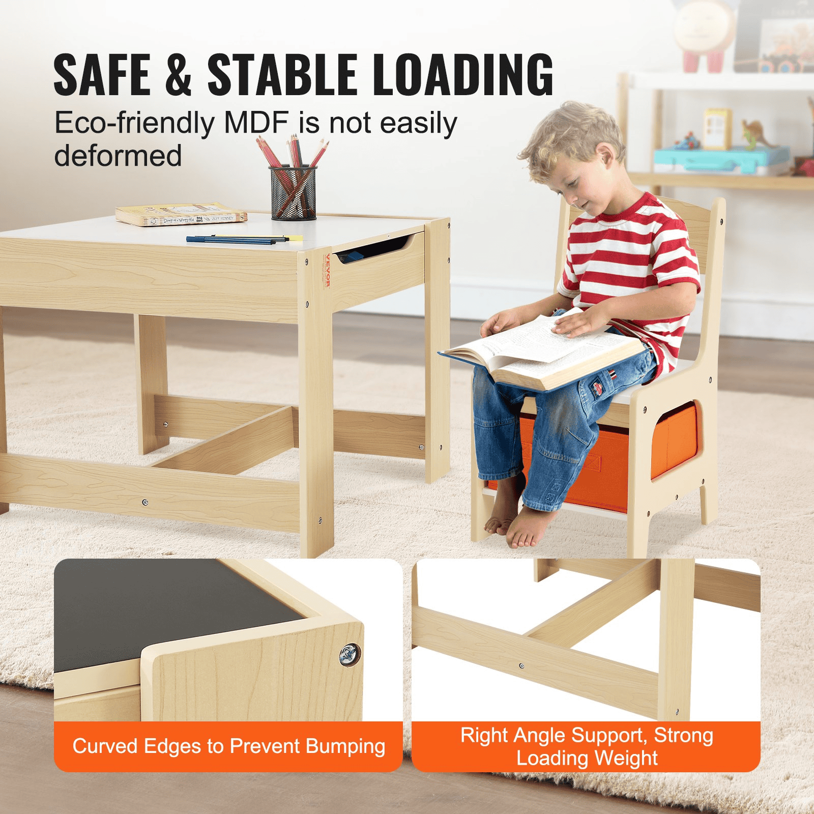 VEVOR Wooden Kids Activity Table & Chair Set – Storage-Packed Play Table for Art, Craft, Reading, & Learning