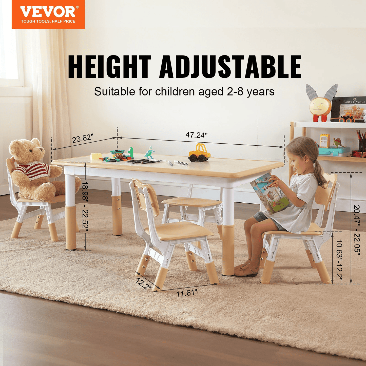 VEVOR Kids Table and 4 Chairs Set, Height Adjustable Toddler Table and Chair Set, Graffiti Desktop, Children Multi-Activity Table for Art, Craft, Reading, Learning