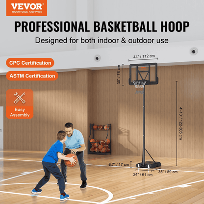 VEVOR Adjustable Basketball Hoop 4-10 ft | Portable 44-Inch Backboard System for Kids & Adults | Indoor/Outdoor Basketball Set with Wheels & Fillable Base