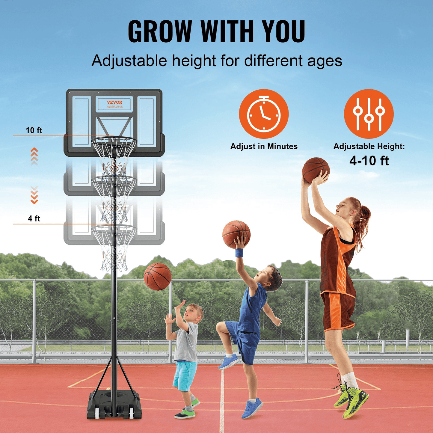 VEVOR Adjustable Basketball Hoop 4-10 ft | Portable 44-Inch Backboard System for Kids & Adults | Indoor/Outdoor Basketball Set with Wheels & Fillable Base