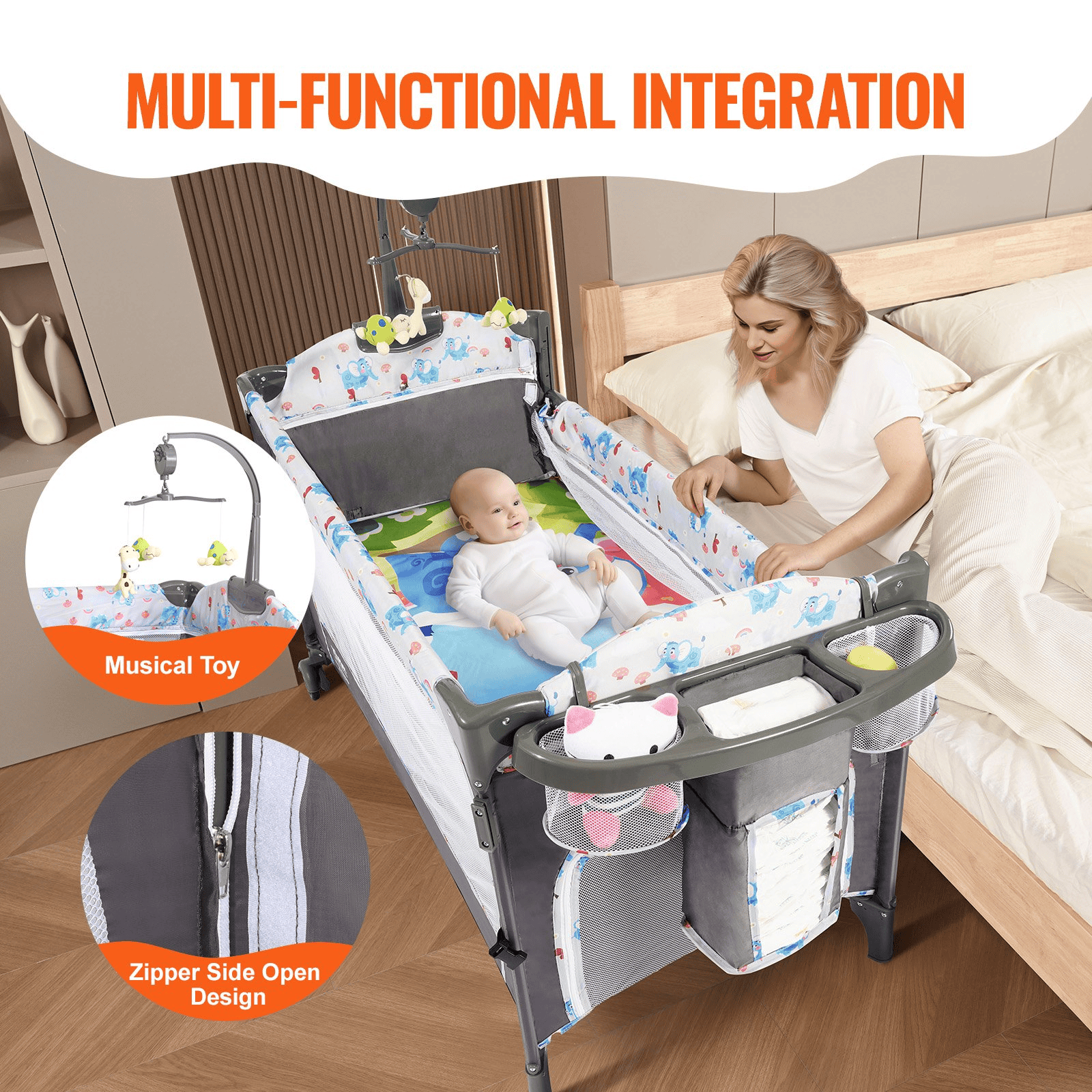 VEVOR Baby Bassinet, 12-Level Height Adjustable Easy to Fold Portable Baby Bassinet Bedside Sleeper with Storage Basket & Wheels, Baby Cradle Bedside Crib with Mosquito Net for Infant Newborn Girl Boy