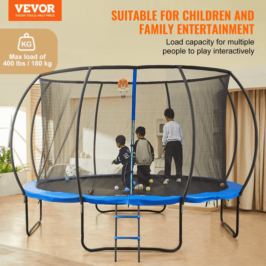 VEVOR 12FT Trampoline, 400 lbs Trampoline with Enclosure Net, Ladder, and Curved Pole, Heavy Duty Trampoline with Jumping Mat and Spring Cover Padding, Outdoor Recreational Trampolines for Kids Adults