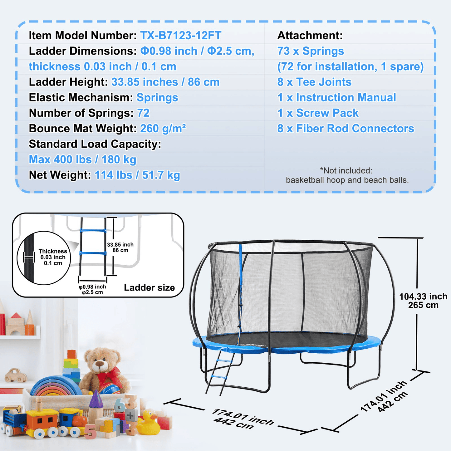 VEVOR 12FT Trampoline, 400 lbs Trampoline with Enclosure Net, Ladder, and Curved Pole, Heavy Duty Trampoline with Jumping Mat and Spring Cover Padding, Outdoor Recreational Trampolines for Kids Adults