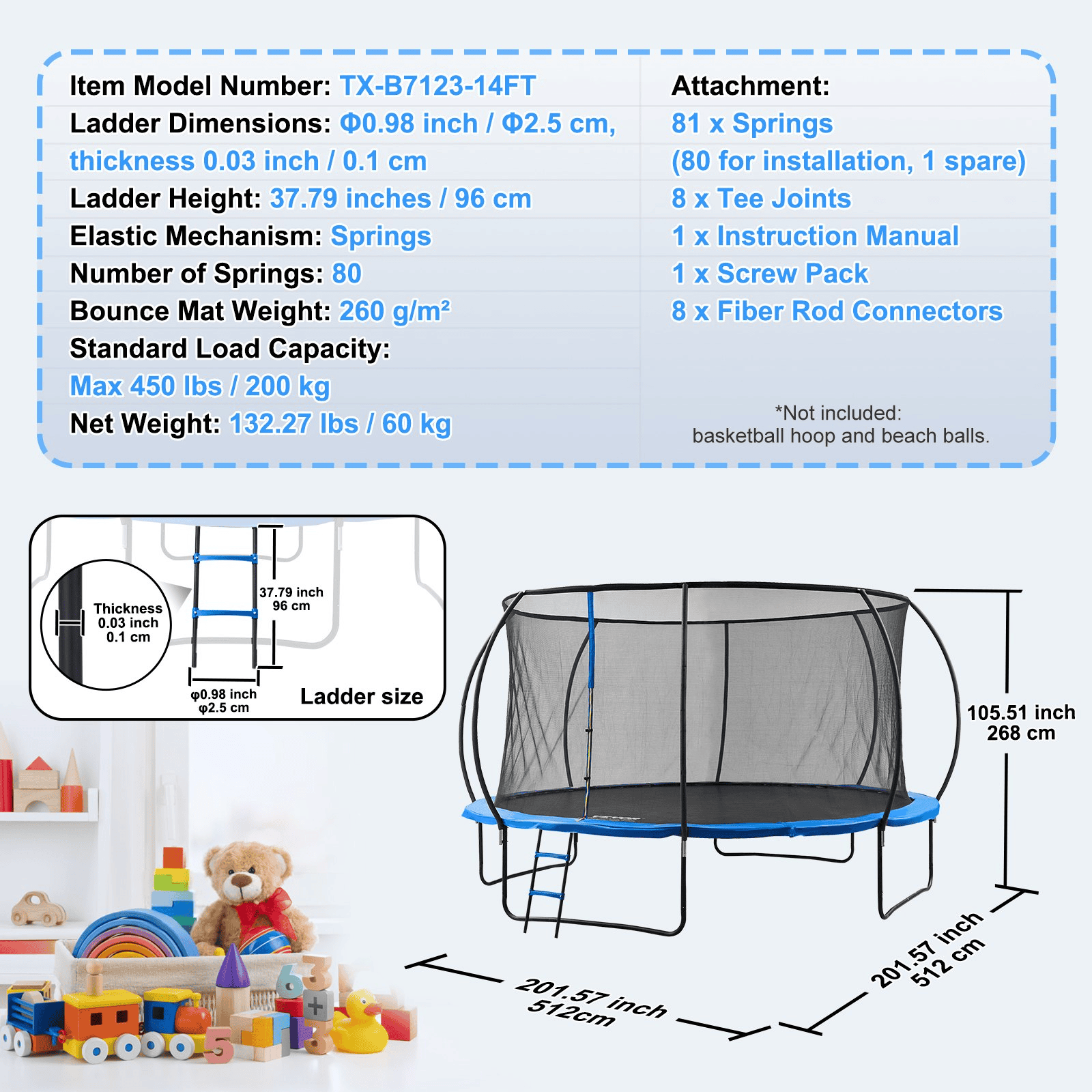 VEVOR 14FT Trampoline, 450 lbs Trampoline with Enclosure Net, Ladder, and Curved Pole, Heavy Duty Trampoline with Jumping Mat and Spring Cover Padding, Outdoor Recreational Trampolines for Kids Adults