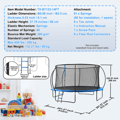 VEVOR 14FT Trampoline, 450 lbs Trampoline with Enclosure Net, Ladder, and Curved Pole, Heavy Duty Trampoline with Jumping Mat and Spring Cover Padding, Outdoor Recreational Trampolines for Kids Adults