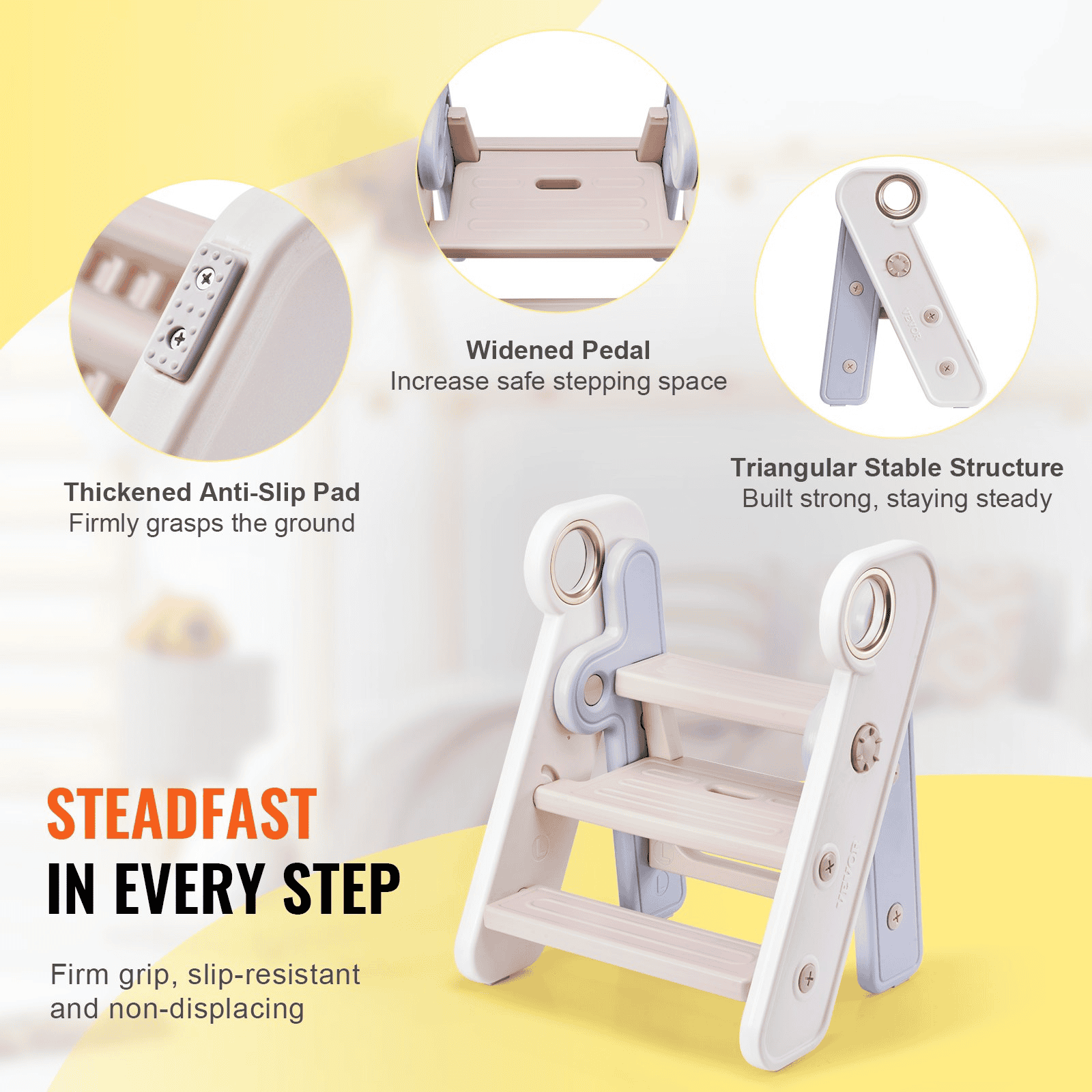 VEVOR Toddler Step Stool, Adjustable 3 Step to 2-Step Kitchen Stool Helper for Kids, Foldable Plastic Standing Tower Leaning Stool with Handles for Kitchen, Toilet Potty Training, Bathroom (Gray)