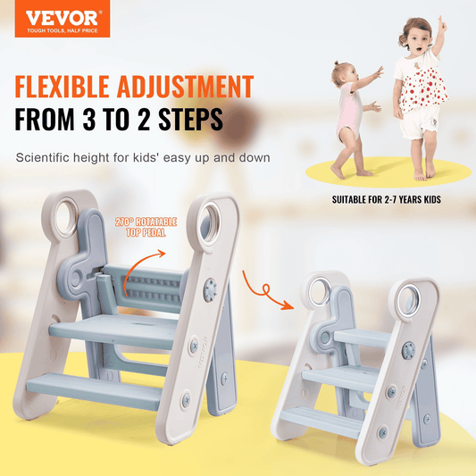 VEVOR Toddler Step Stool, Adjustable 3 Step to 2-Step Kitchen Stool Helper for Kids, Foldable Plastic Standing Tower Leaning Stool with Handles for Kitchen, Toilet Potty Training, Bathroom (Blue)