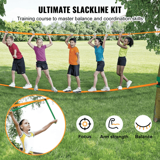 VEVOR Slackline Kit with Training Line, 60 ft Backyard Slack Line Equipment, Easy Setup Tight Rope for Kids Adults, Complete Slackline Set with Tree Protectors, Arm Trainer, Carry Bag, and Instruction